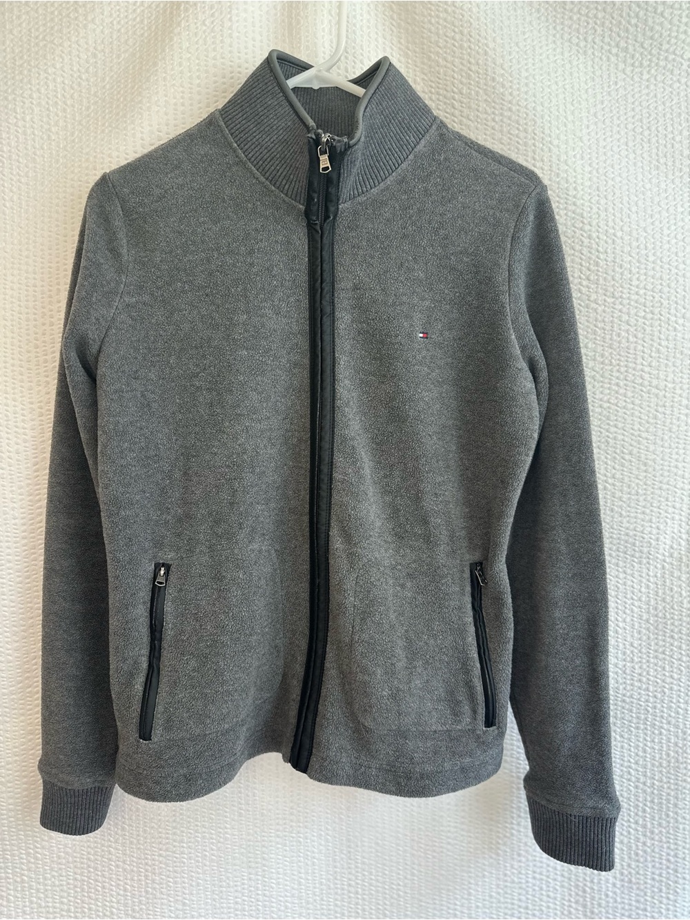 TOMMY HILFIGER Men’s Gray Full Zip Sweater Jacket Mock Neck Pockets Size Medium